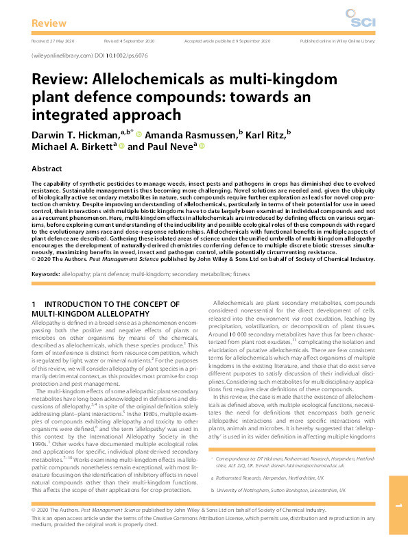 Review: Allelochemicals as multi-kingdom plant defence compounds: towards an integrated approach Thumbnail