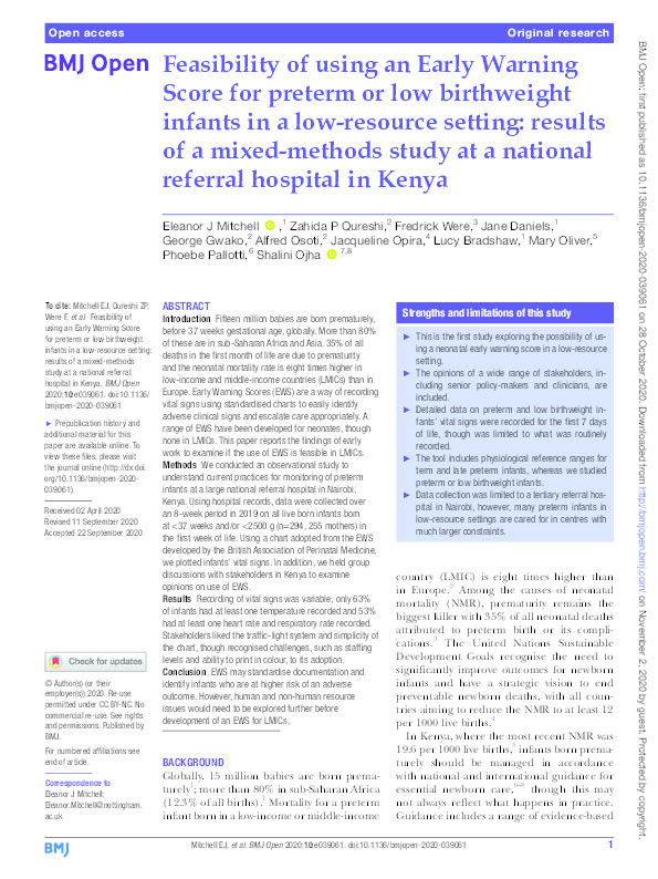 Feasibility of using an Early Warning Score for preterm or low birthweight infants in a low-resource setting: Results of a mixed-methods study at a national referral hospital in Kenya Thumbnail