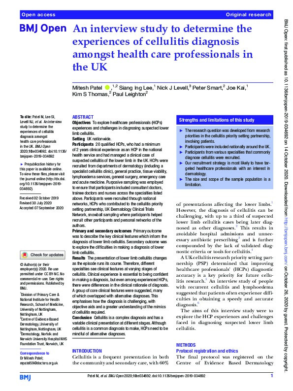 An interview study to determine the experiences of cellulitis diagnosis amongst health care professionals in the UK Thumbnail