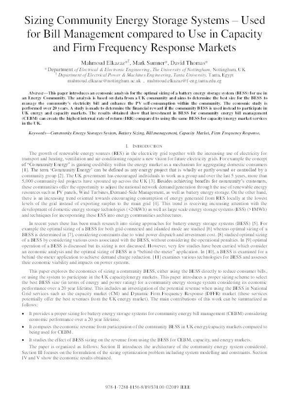 Sizing Community Energy Storage Systems — Used for Bill Management compared to Use in Capacity and Firm Frequency Response Markets Thumbnail