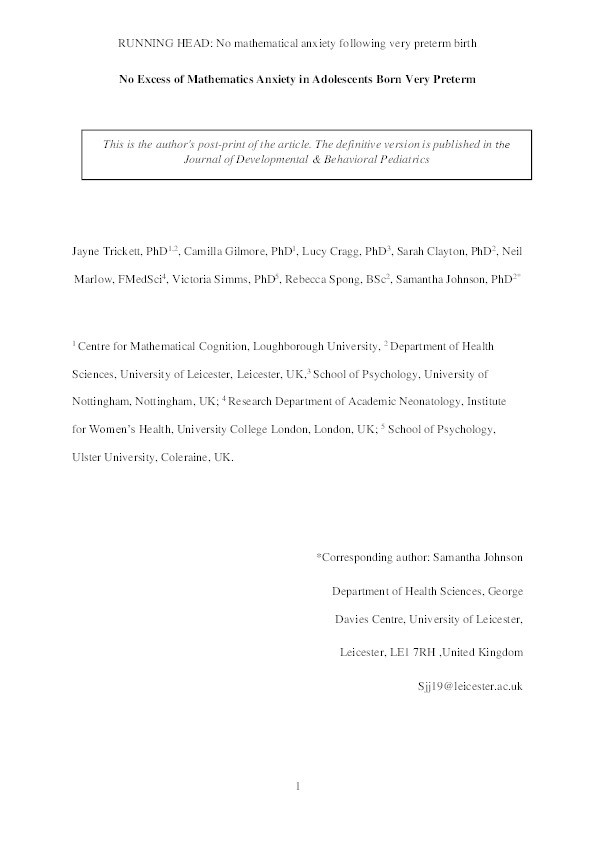 No Excess of Mathematics Anxiety in Adolescents Born Very Preterm Thumbnail