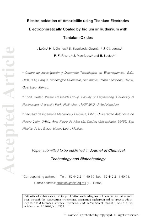 Electro-oxidation of amoxicillin using titanium electrodes electrophoretically coated by iridium or ruthenium with tantalum oxides Thumbnail