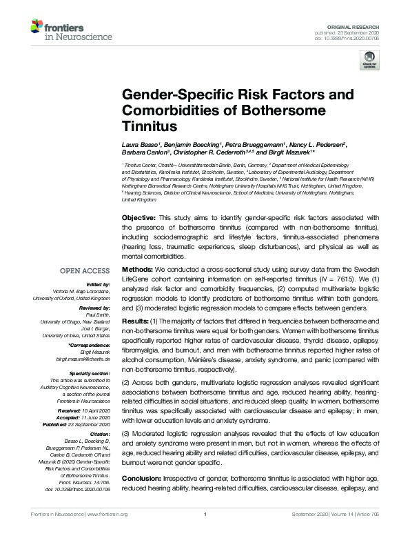 Gender-Specific Risk Factors and Comorbidities of Bothersome Tinnitus Thumbnail
