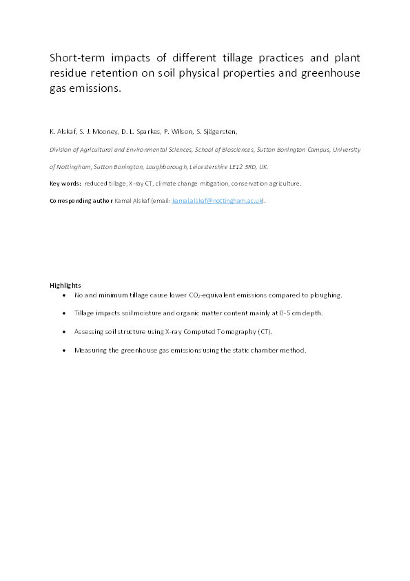 Short-term impacts of different tillage practices and plant residue retention on soil physical properties and greenhouse gas emissions Thumbnail