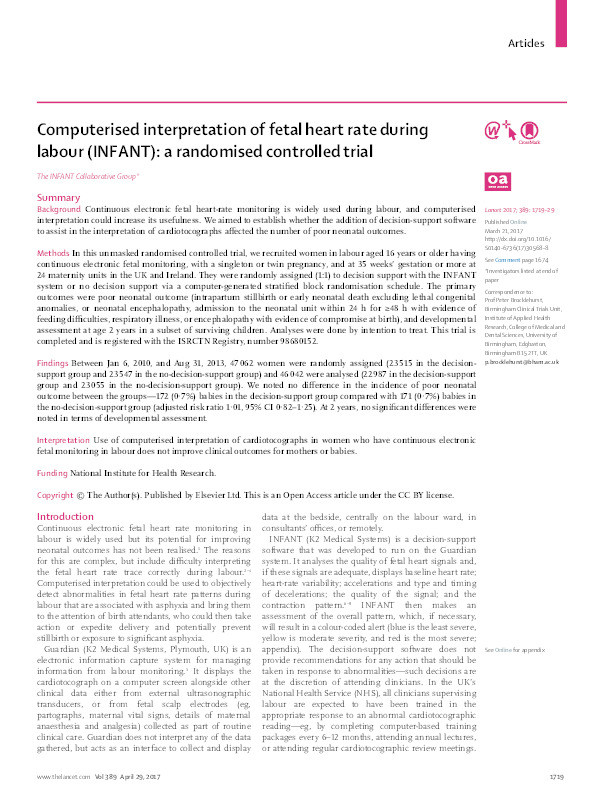 Computerised interpretation of fetal heart rate during labour (INFANT): a randomised controlled trial Thumbnail
