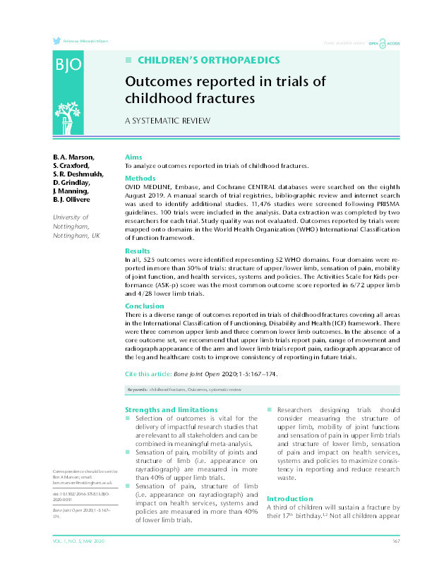 Outcomes reported in trials of childhood fractures: a systematic review Thumbnail