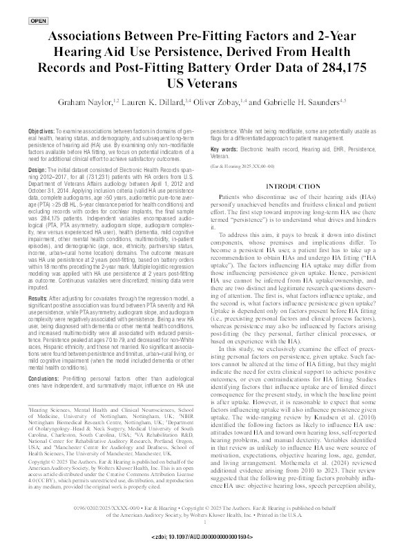 Associations Between Pre-Fitting Factors and 2-Year Hearing Aid Use Persistence, Derived From Health Records and Post-Fitting Battery Order Data of 284,175 US Veterans Thumbnail
