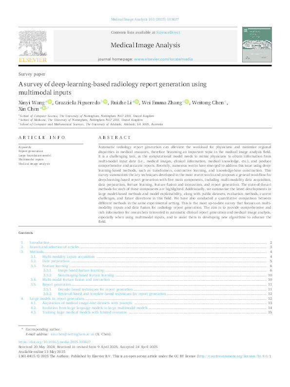 A survey of deep-learning-based radiology report generation using multimodal inputs Thumbnail