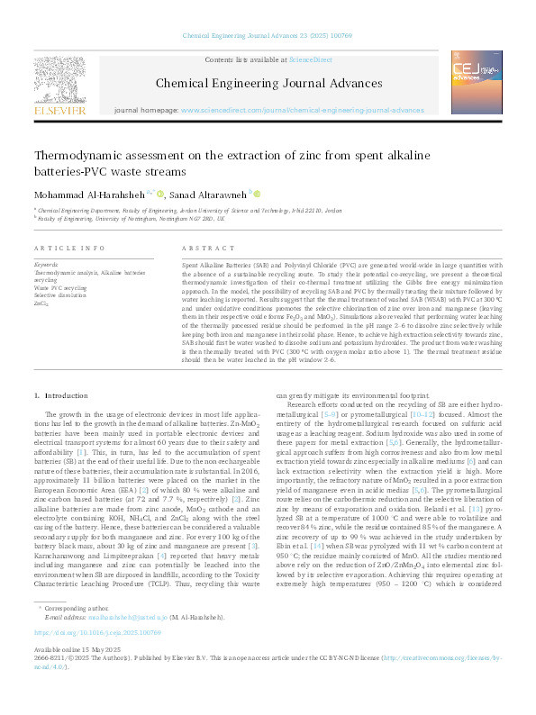 Thermodynamic assessment on the extraction of zinc from spent alkaline batteries-PVC waste streams Thumbnail