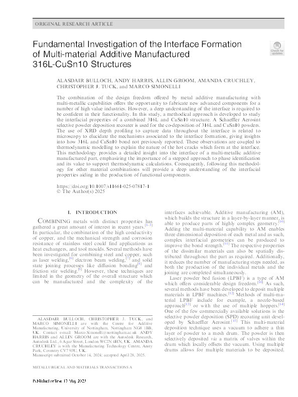 Fundamental Investigation of the Interface Formation of Multi-material Additive Manufactured 316L-CuSn10 Structures Thumbnail