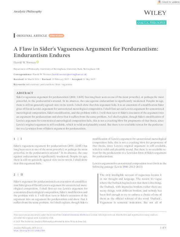 A flaw in Sider’s vagueness argument for perdurantism: endurantism endures Thumbnail