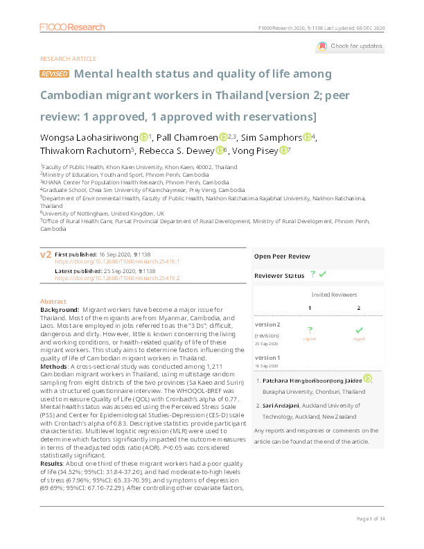 Mental health status and quality of life among Cambodian migrant workers in Thailand Thumbnail