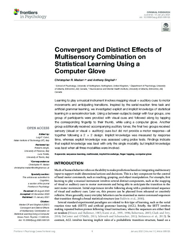 Convergent and distinct effects of multimodal integration on statistical learning using a computer glove Thumbnail