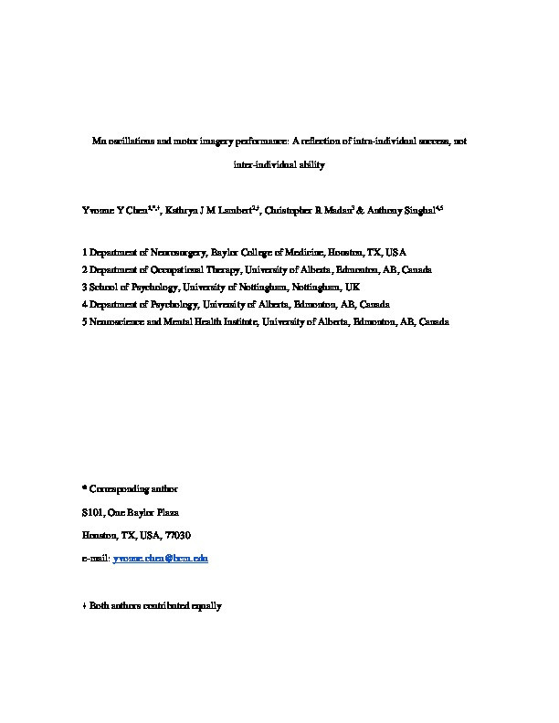 Mu oscillations and motor imagery performance: A reflection of intra-individual success, not inter-individual ability Thumbnail