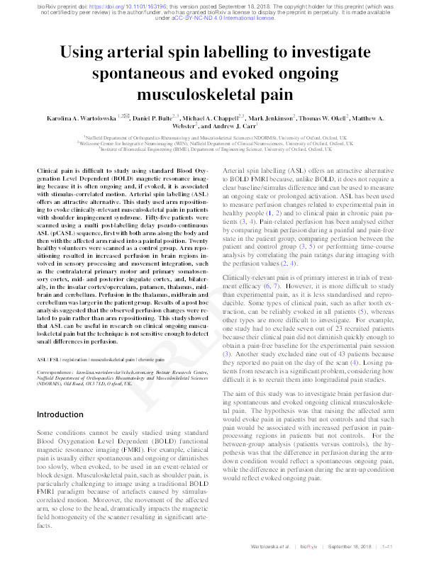 Using arterial spin labelling to investigate spontaneous and evoked ongoing musculoskeletal pain Thumbnail