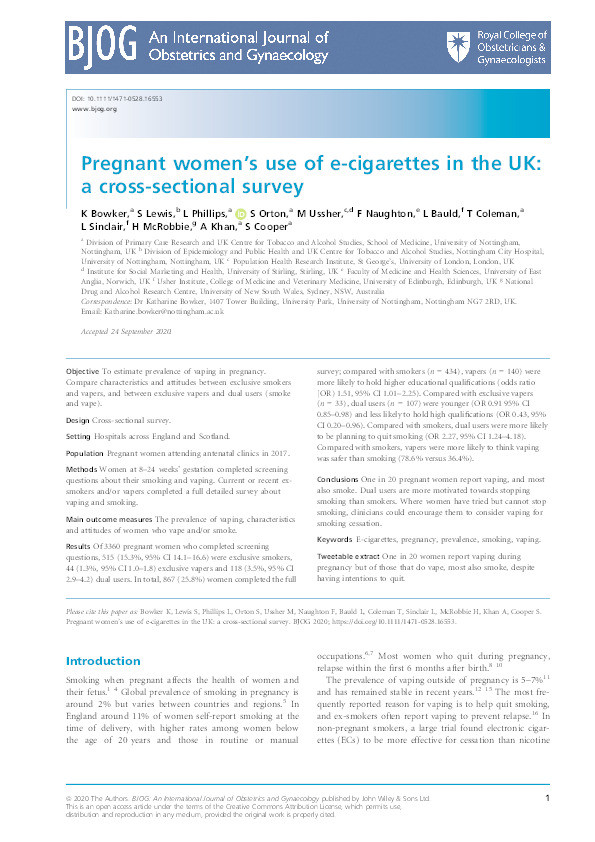 Pregnant women’s use of e-cigarettes in the UK: a cross-sectional survey Thumbnail
