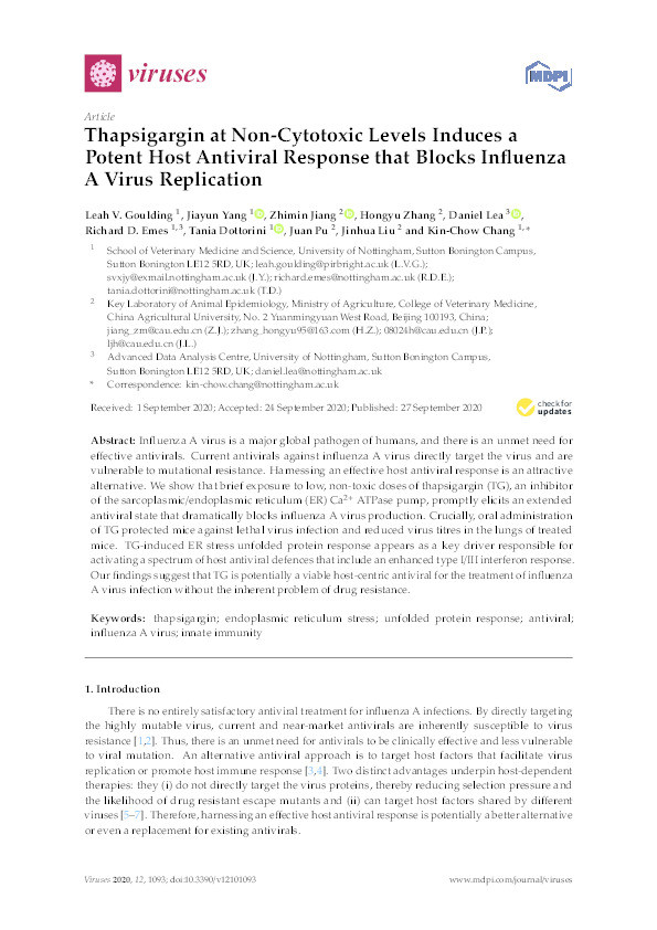 Thapsigargin at non-cytotoxic levels induces a potent host antiviral response that blocks influenza a virus replication Thumbnail