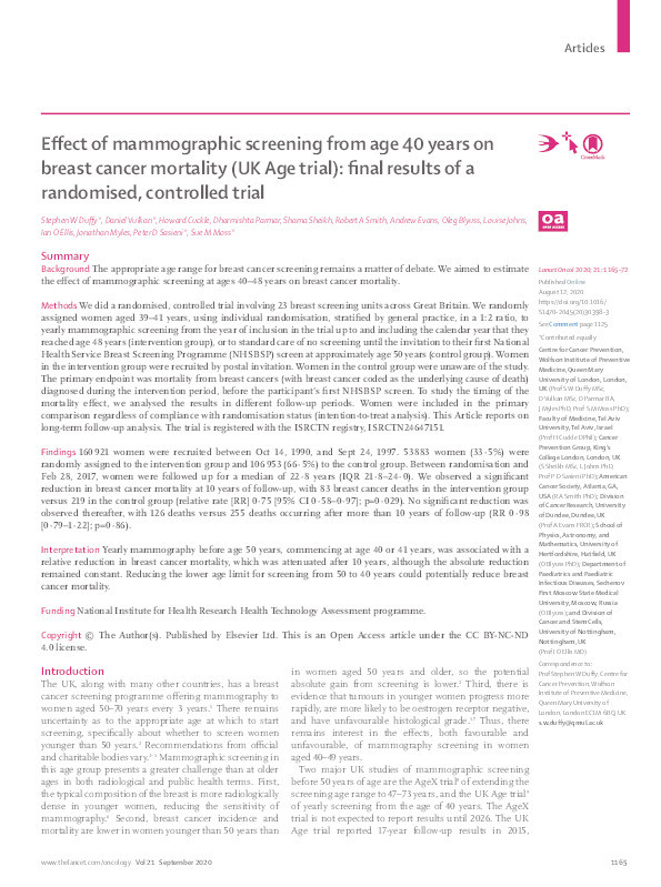 Effect of mammographic screening from age 40 years on breast cancer mortality (UK Age trial): final results of a randomised, controlled trial Thumbnail