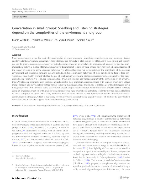 Conversation in small groups: Speaking and listening strategies depend on the complexities of the environment and group Thumbnail