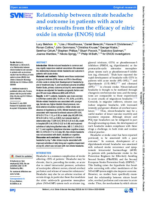 Relationship between nitrate headache and outcome in patients with acute stroke: results from the efficacy of nitric oxide in stroke (ENOS) trial Thumbnail