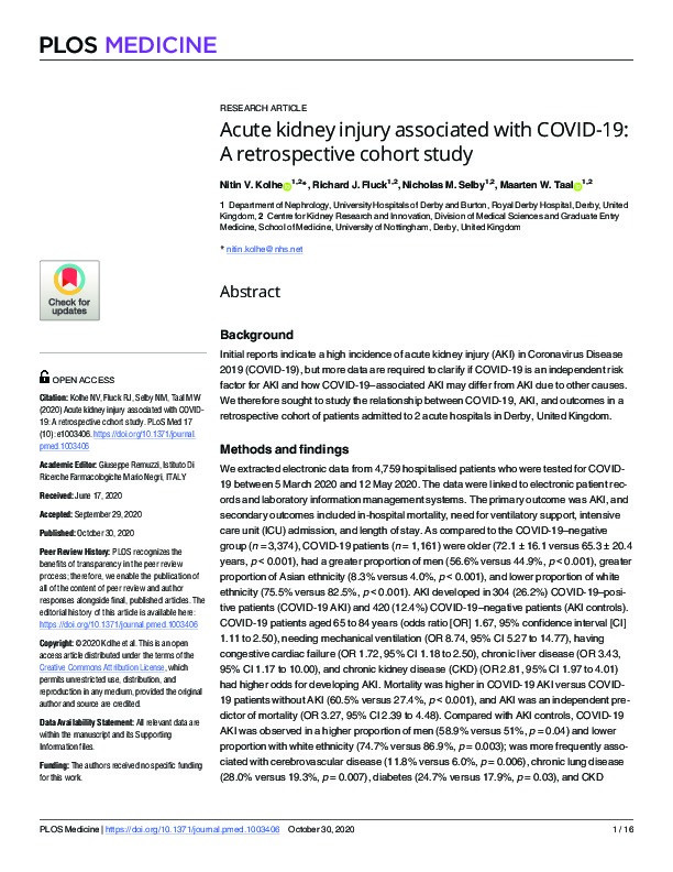 Acute kidney injury associated with COVID-19: A retrospective cohort study Thumbnail