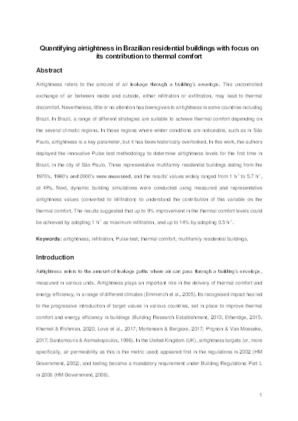 Quantifying airtightness in Brazilian residential buildings with focus on its contribution to thermal comfort Thumbnail