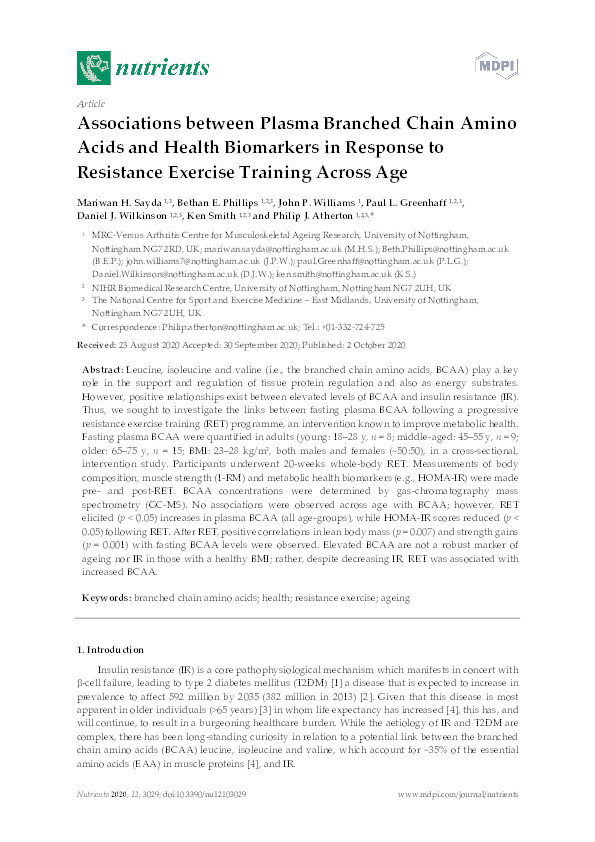 Associations between plasma branched chain amino acids and health biomarkers in response to resistance exercise training across age Thumbnail