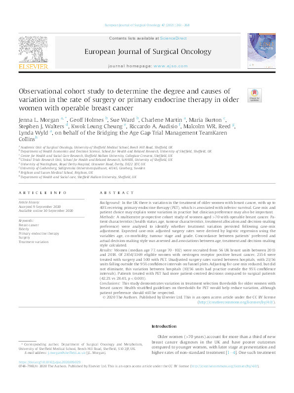 Observational cohort study to determine the degree and causes of variation in the rate of surgery or primary endocrine therapy in older women with operable breast cancer Thumbnail