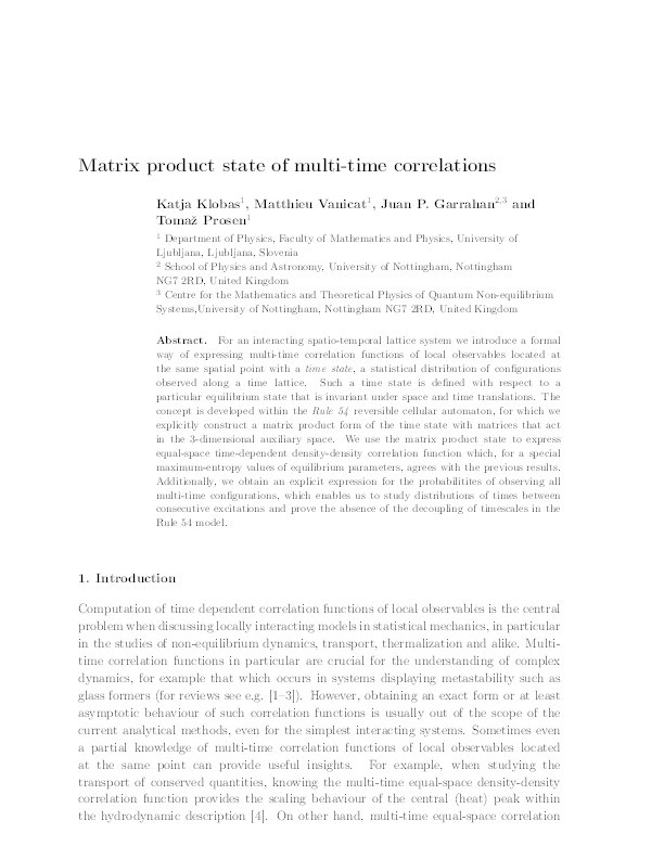Matrix product state of multi-time correlations Thumbnail