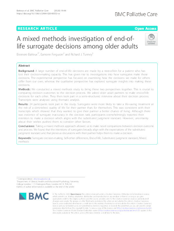 A mixed methods investigation of end-of-life surrogate decisions among older adults Thumbnail