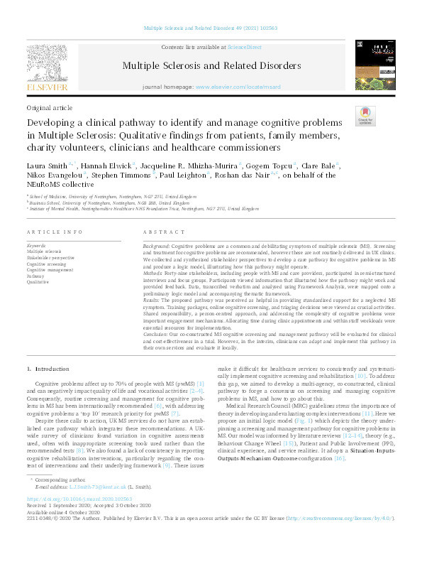 Developing a clinical pathway to identify and manage cognitive problems in Multiple Sclerosis: Qualitative findings from patients, family members, charity volunteers, clinicians and healthcare commissioners Thumbnail