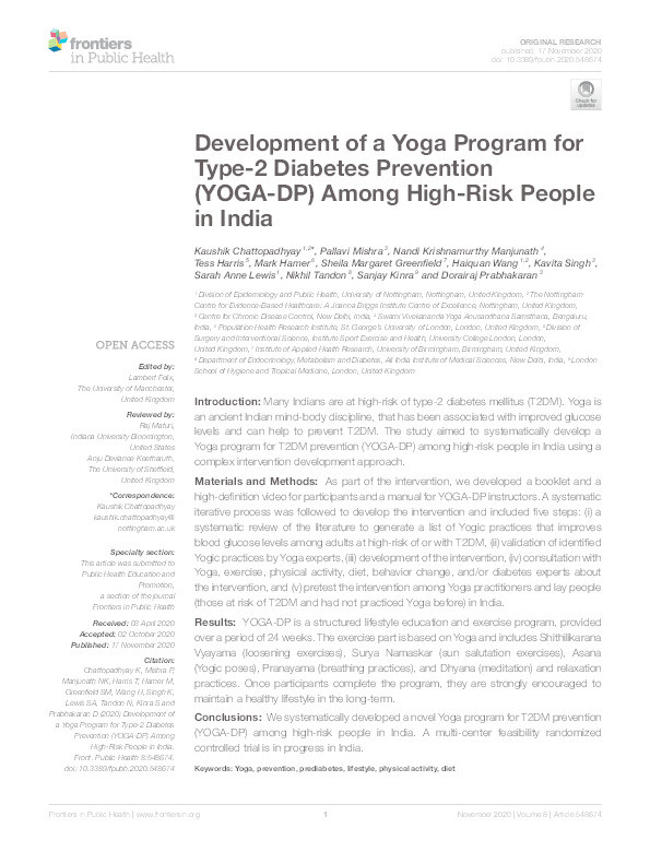 Development of a Yoga Program for Type-2 Diabetes Prevention (YOGA-DP) Among High-Risk People in India Thumbnail