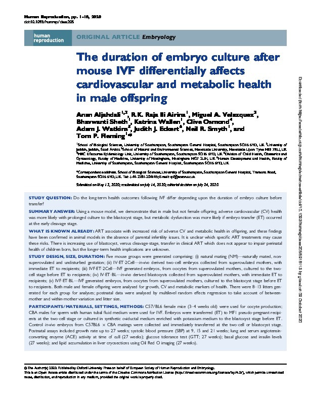 The duration of embryo culture after mouse IVF differentially affects cardiovascular and metabolic health in male offspring Thumbnail