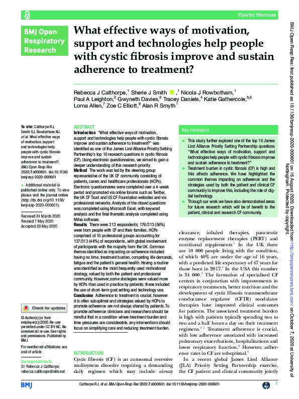 What effective ways of motivation, support and technologies help people with cystic fibrosis improve and sustain adherence to treatment? Thumbnail