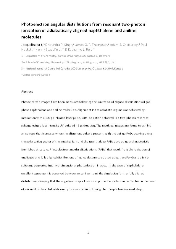 Photoelectron angular distributions from resonant two-photon ionization of adiabatically aligned naphthalene and aniline molecules Thumbnail