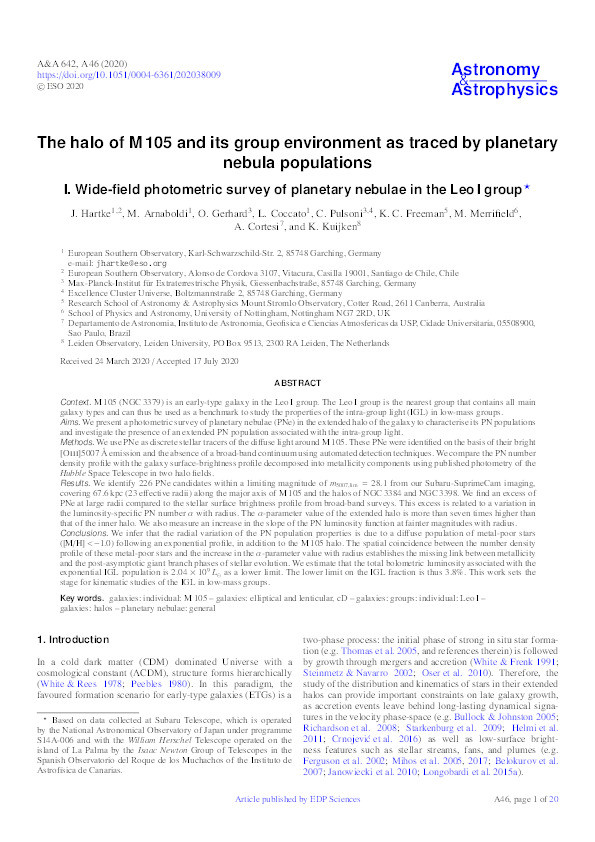 The halo of M 105 and its group environment as traced by planetary nebula populations: I. Wide-field photometric survey of planetary nebulae in the Leo I group Thumbnail