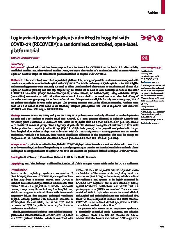 Lopinavir–ritonavir in patients admitted to hospital with COVID-19 (RECOVERY): a randomised, controlled, open-label, platform trial Thumbnail