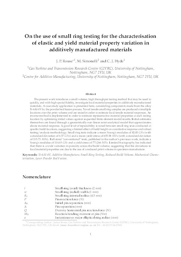 On the use of small ring testing for the characterisation of elastic and yield material property variation in additively manufactured materials Thumbnail