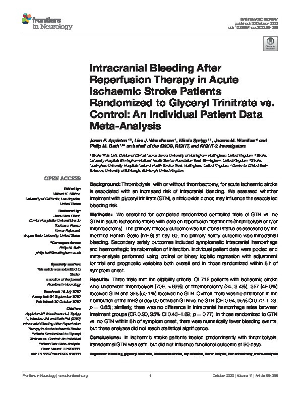Intracranial Bleeding After Reperfusion Therapy in Acute Ischaemic Stroke Patients Randomized to Glyceryl Trinitrate vs. Control: An Individual Patient Data Meta-Analysis Thumbnail