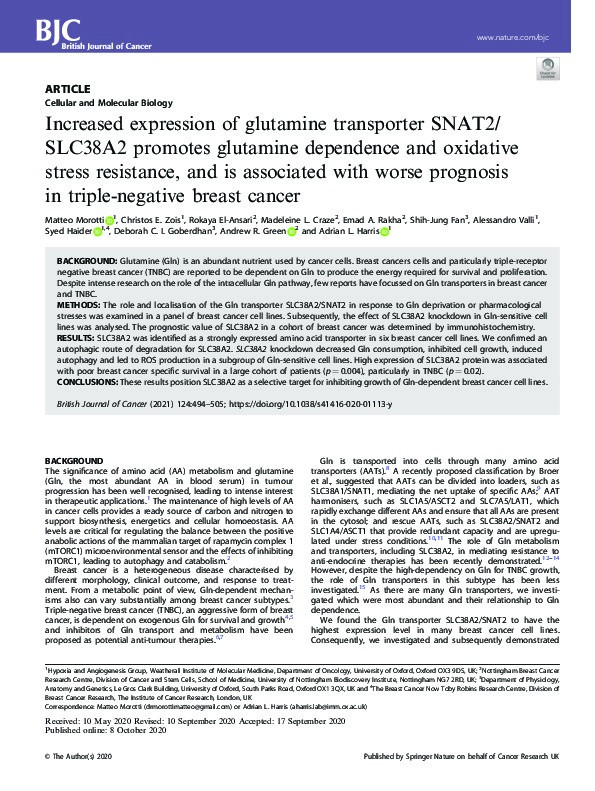 Increased expression of glutamine transporter SNAT2/SLC38A2 promotes glutamine dependence and oxidative stress resistance, and is associated with worse prognosis in triple-negative breast cancer Thumbnail