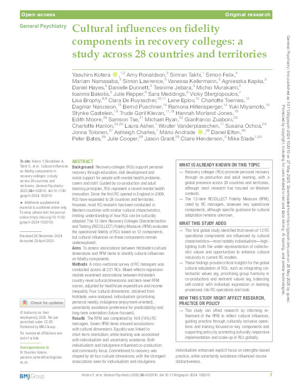 Cultural influences on fidelity components in recovery colleges: a study across 28 countries and territories Thumbnail