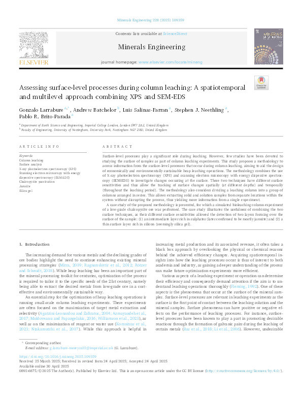 Assessing surface-level processes during column leaching: A spatiotemporal and multilevel approach combining XPS and SEM-EDS Thumbnail