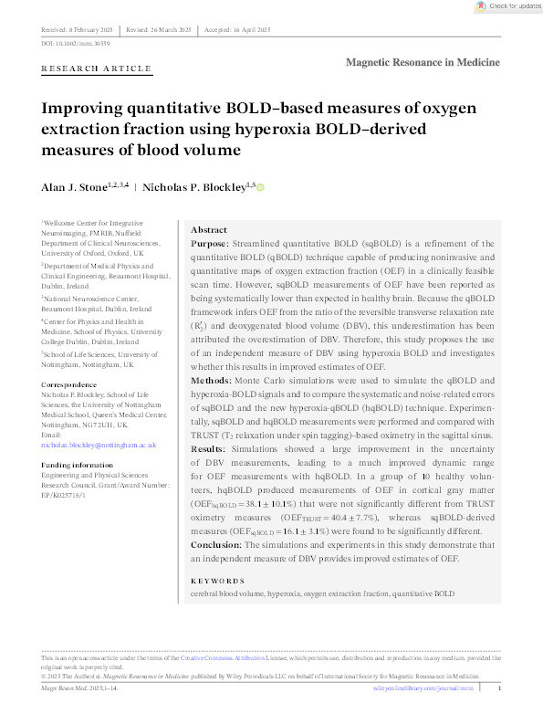 Improving quantitative BOLD–based measures of oxygen extraction fraction using hyperoxia BOLD–derived measures of blood volume Thumbnail