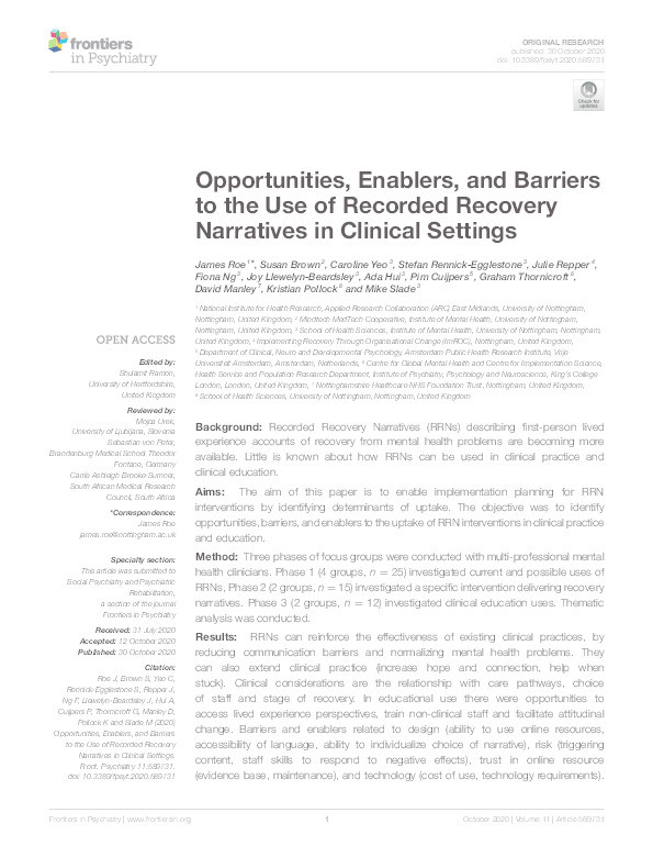 Opportunities, Enablers, and Barriers to the Use of Recorded Recovery Narratives in Clinical Settings Thumbnail
