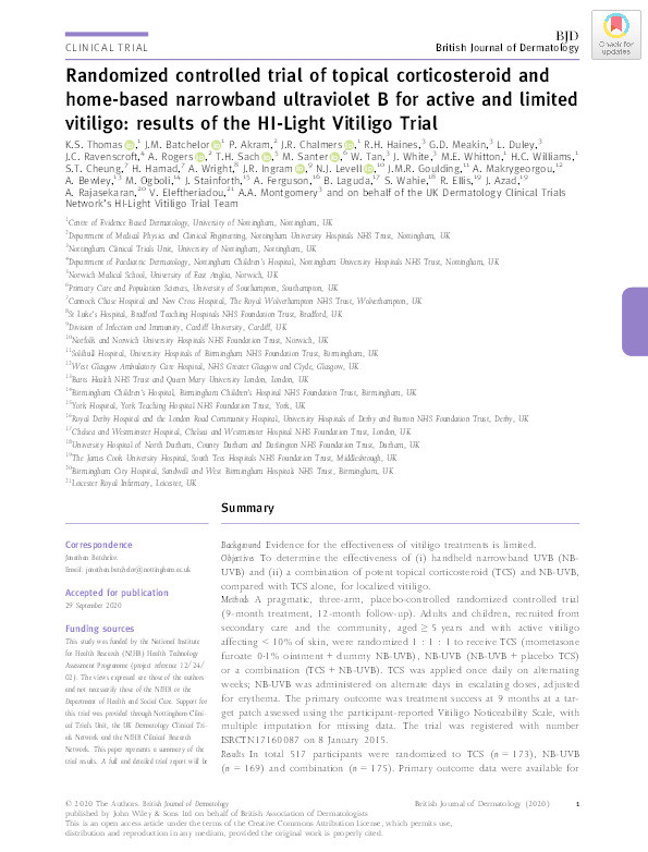 Randomised controlled trial of topical corticosteroid and home?based narrowband UVB for active and limited vitiligo: results of the HI?Light Vitiligo trial Thumbnail