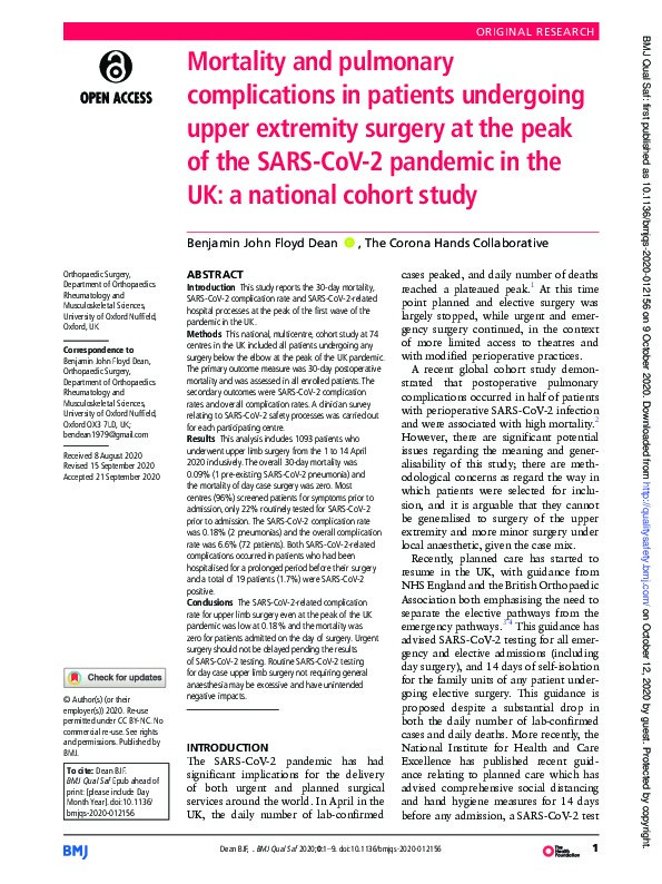 Mortality and pulmonary complications in patients undergoing upper extremity surgery at the peak of the SARS-CoV-2 pandemic in the UK: a national cohort study Thumbnail