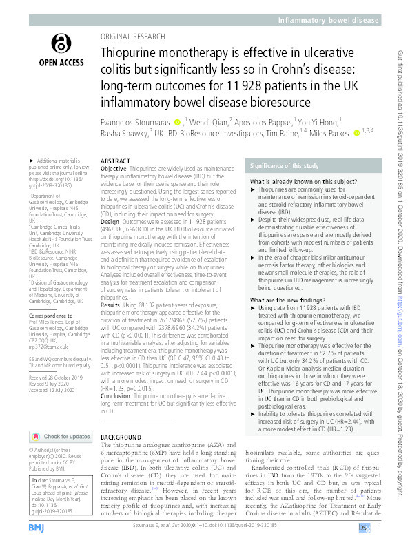 Thiopurine monotherapy is effective in ulcerative colitis but significantly less so in Crohn’s disease: long-term outcomes for 11 928 patients in the UK inflammatory bowel disease bioresource Thumbnail