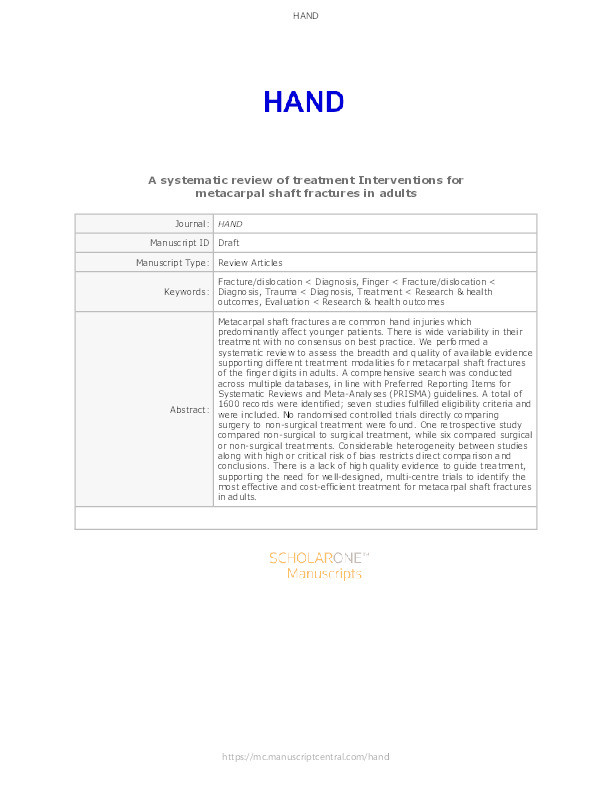 A Systematic Review of Treatment Interventions for Metacarpal Shaft Fractures in Adults Thumbnail