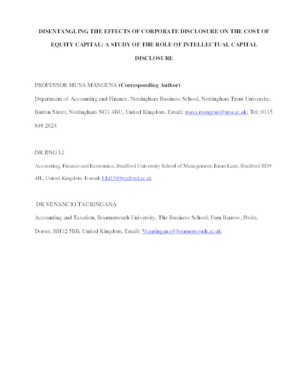 Disentangling the Effects of Corporate Disclosure on the Cost of Equity Capital: A Study of the Role of Intellectual Capital Disclosure Thumbnail