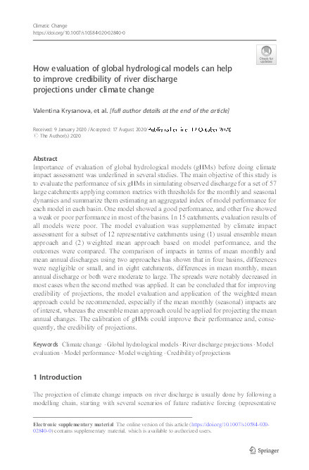 How evaluation of global hydrological models can help to improve credibility of river discharge projections under climate change Thumbnail